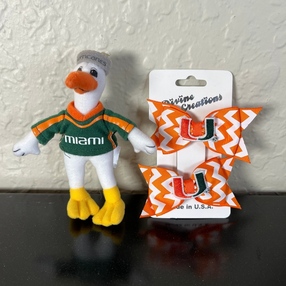 Divine Creations Miami Hurricanes Mini Plush Mascot Sebastian  & Hair Bows